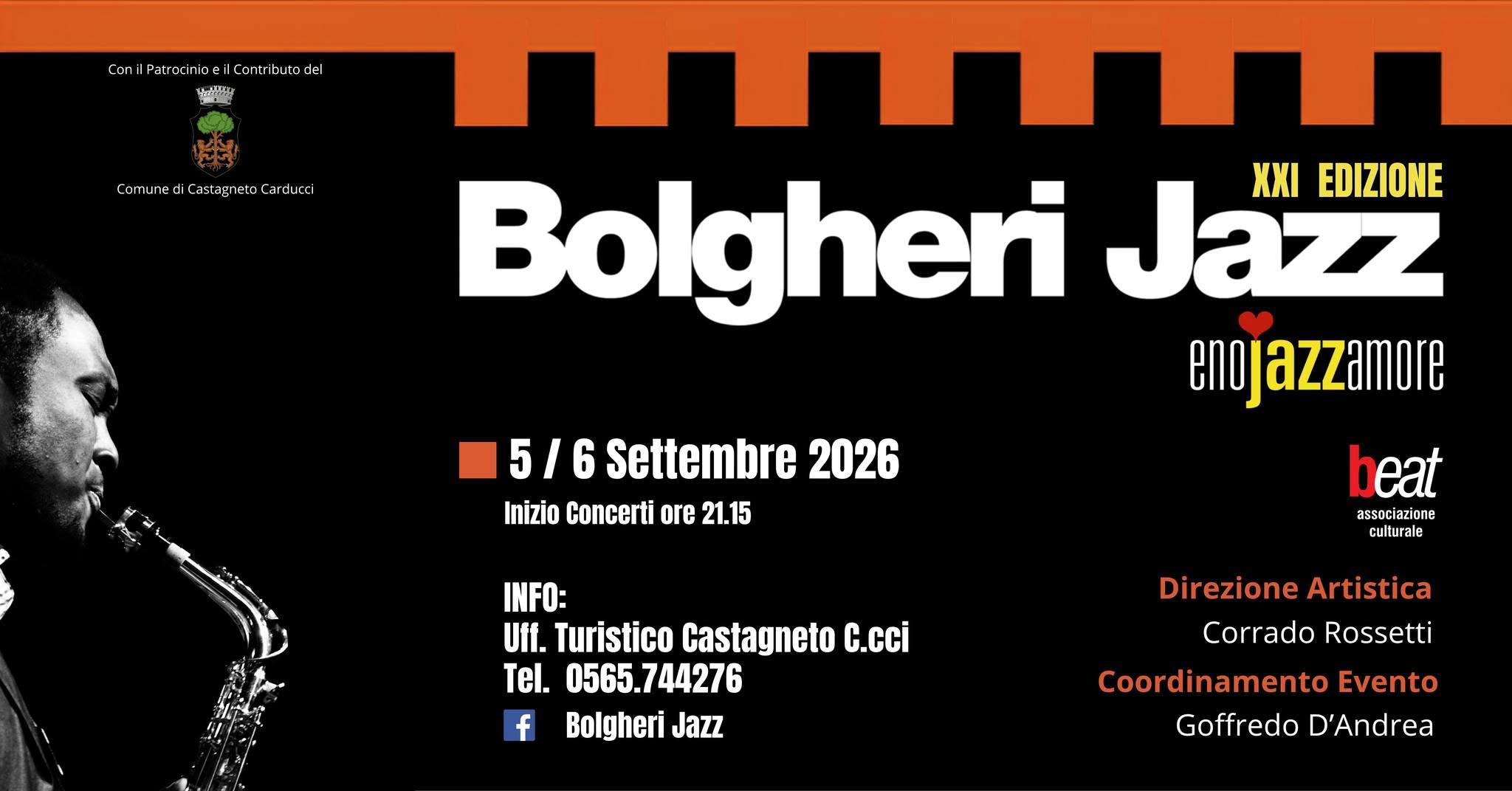 Locandina Bolgheri Jazz 2026, XXI Edizione, 5-6 Settembre, concerti ore 21:15, Comune di Castagneto Carducci